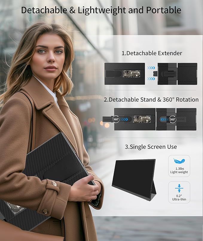 Laptop Screen Extender - 15.6 FHD 1080P Portable Monitor for Laptop Detachable &amp Plug and Play Dual Monitor Extender for 13-17.3 Laptops Compatible with Wins/Mac/Android/Chrome