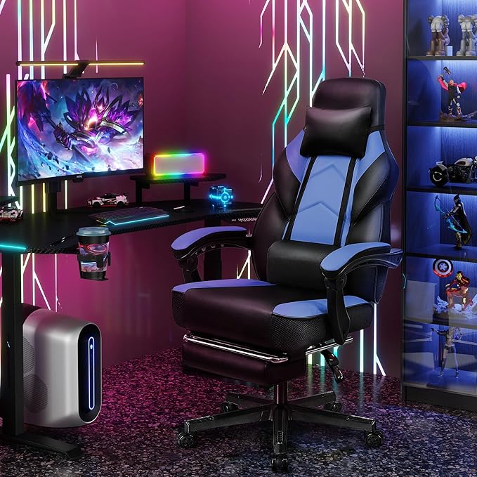 Gaming Chair for Adults Gaming Chairs with Footrest Ergonomic Video Game Chair with Massage Lumbar Big and Tall Computer Chair Height Adjustable with Headrest and 360° Swivel Seat Blue