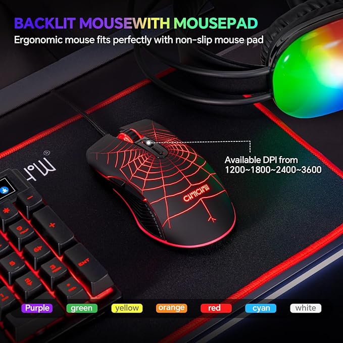 Gaming Keyboard Mouse Mousepad and Headset with mic Combo All in One USB Wired RGB Backlit Rainbow Side Button Gamer Bundle Set Compatible with PC Windows Xbox one PS4 PS5(Black)