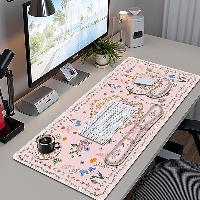 Romantic Pink Floral Mouse Pad XXL Large Desk Mat Extended Reading Desk pad 4PCS Non-Slip Rubber Base Computer Big Mousepads for Work Game Office Home Decor Gifts Accessories I Cute Collection