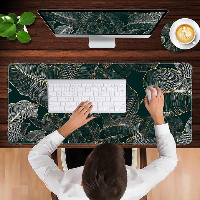 Keyboard Wrist Rest and Mouse Pad with Wrist Support Set Ergonomic CoasterMemory FoamEasy Typing Pain ReliefLarge XL Desk Mat 31.5x 11.8Tropical Leaves