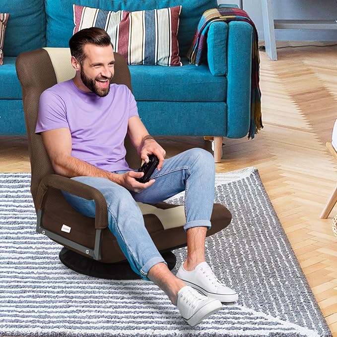 Giantex Floor Gaming Chair 360 Degree Swivel Floor Chair w/Armrests 6 Adjustable Position Padded Backrest Folding Floor Rocker for Games Lazy Sofa Lounger Brown/Beige