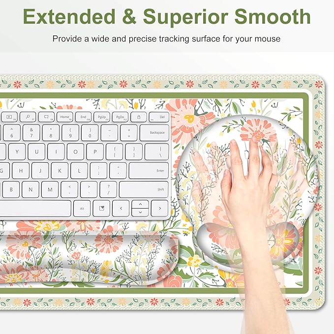 Desk Mat 4in1 Large Mouse Pad with Wrist Rest Cute Desk Matt for Desktop Deskpad Mat Anti-Slip XXL Computer Ergonomic Mousepad with Wrist Support for Keyboard and Mouse I Elegant Daisy Florals