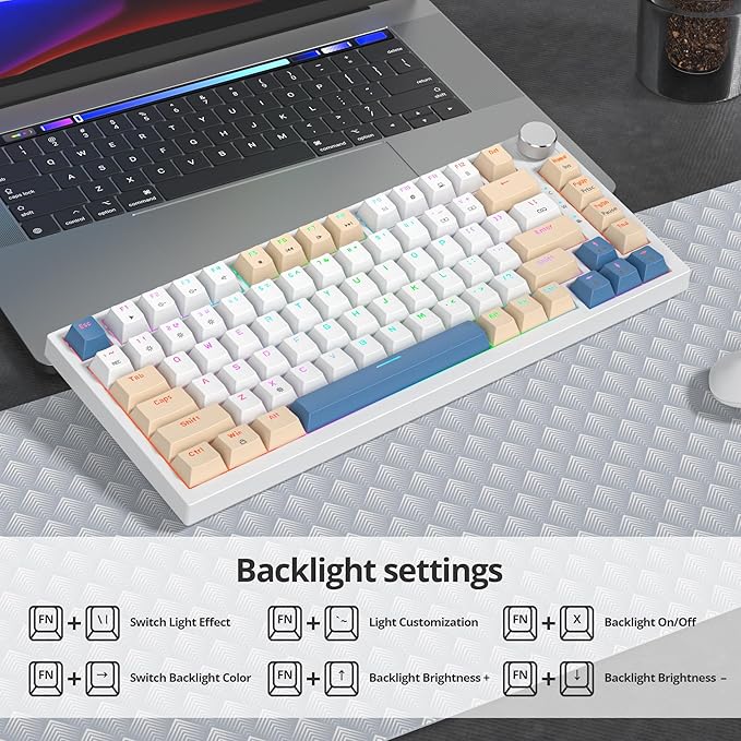 75% Mechanical Creamy Keyboard with Volumn Knob Gasket Hot Swappable RGB Gaming Keyboard Wired Custom Keyboard with Red Switch 82 Keys Compact Creamy White