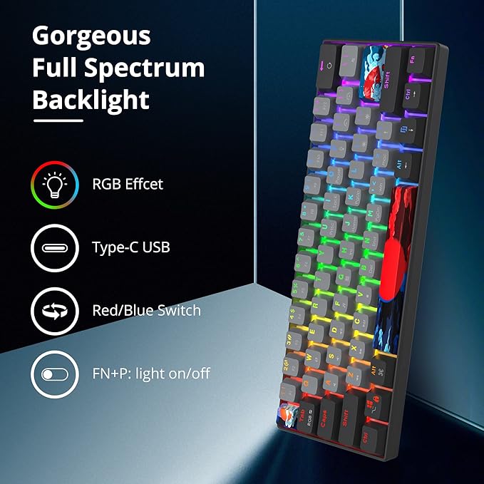 Protable 60% Percent Gaming Keyboard Mechanical Mini Compact RGB Backlit 61 Keys Wired Office Keyboard with Red Switch for Mac/Win (Dolch/red Switch)