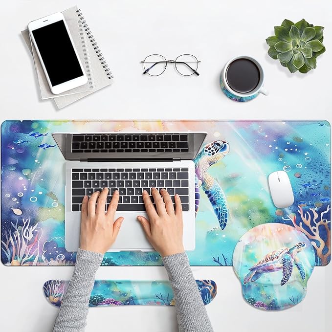 Arttown Sea Turtle Coral Reef Desk Mat Sea World Mouse Pad Set 4 in 1 Animal Ergonomic Design Large Desk Pad + Keyboard Wrist Rest + Mouse Wrist Rest + Coaster Suitable for Home Office Study Game