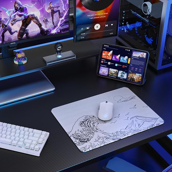 ATTACK SHARK CM05SE Glass Mousepad for Gaming Ultra Smooth Mouse Mat with Nano-Textured Surface Tempered Glass Mouse Pad Precision Speed Control for Games and Office (White Wave 16.1 L x 12.2 W)