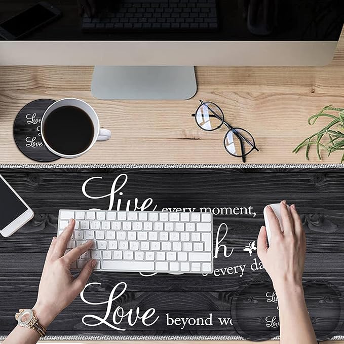 Large Game Mouse Pad + Wrist Support Pad + Coffee Coaster Quote Live Love Laugh Foldable Table Mat with Stitched Edge Non-Slip Set Pad Suitable for Office Work and Home