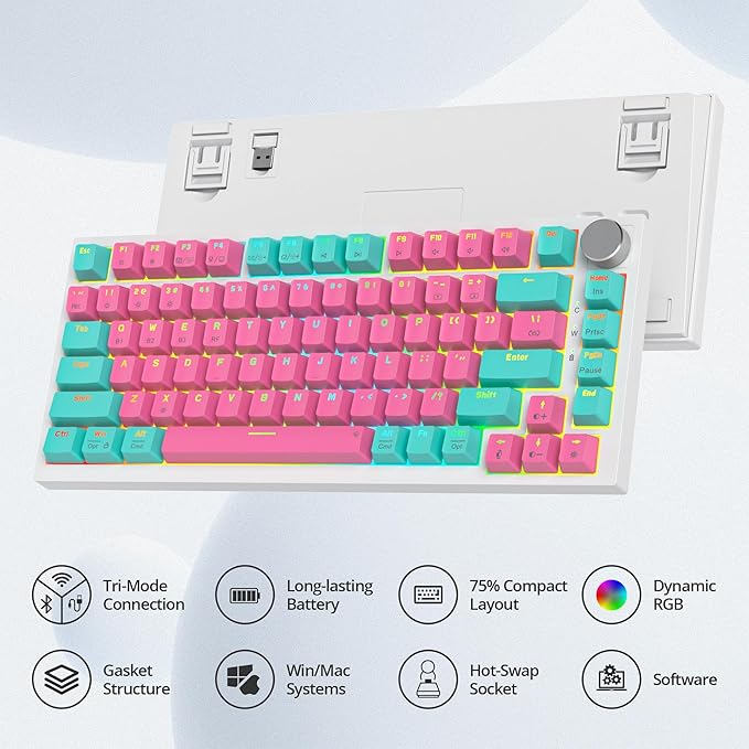 75% Wireless Creamy Mechanical Keyboard Hot Swappable Custom RGB Backlit Gasket Gaming 2.4G/BT5.0/USB-C Pink Mechanical Keyboard Pre-lubed Linear Gray Cream Switches