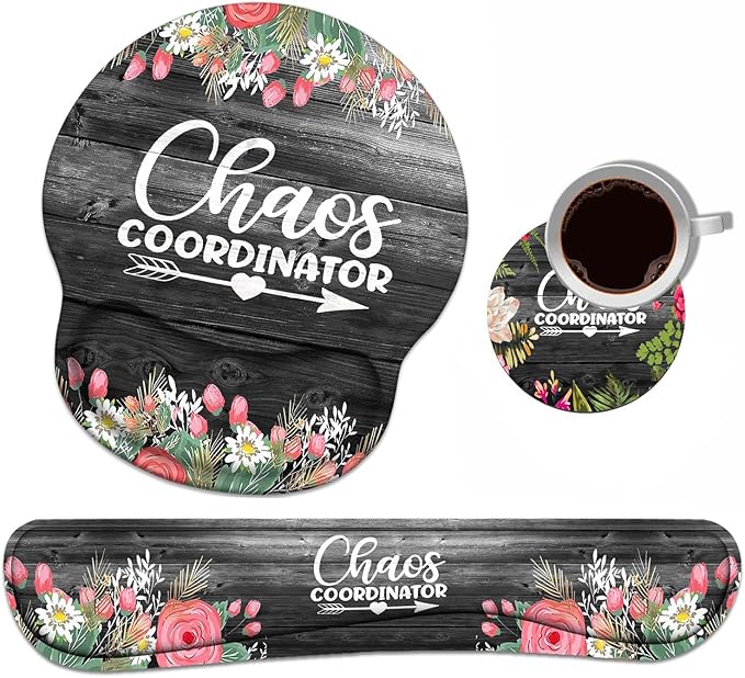 Keyboard Wrist Rest + Mouse Pad Wrist Support Set with Coasters Chaos Coordinator Quotes Colored Floral Wreath Print Wrist Mouse Pad with Non-Slip PU Base for Home Office Working Studying