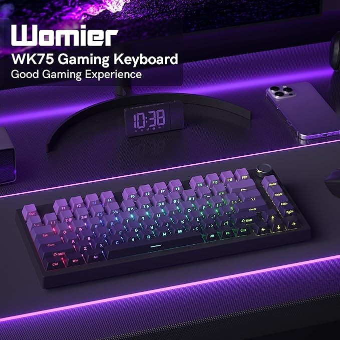 COSTOM WK75 75% Wireless Gaming Mechanical KeyboardBT5.0/2.4GHz/USB-C Hot Swappable Pre-lubed Custom Linear SwitchesGasket StructureRGB Backlit Keyboard for PC/Laptop/Xbox/PS4/PS5 (Purple)