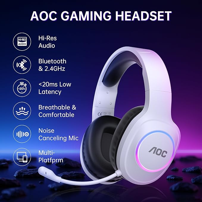 AOC Wireless Gaming Headset Compatible with ps5/4 PC USB-C &amp Bluetooth 5.4 &amp 2.4GHz Gaming Headphones with Noise Canceling Mic 7.1 Virtual Surround20ms Latency 45H RGB- White