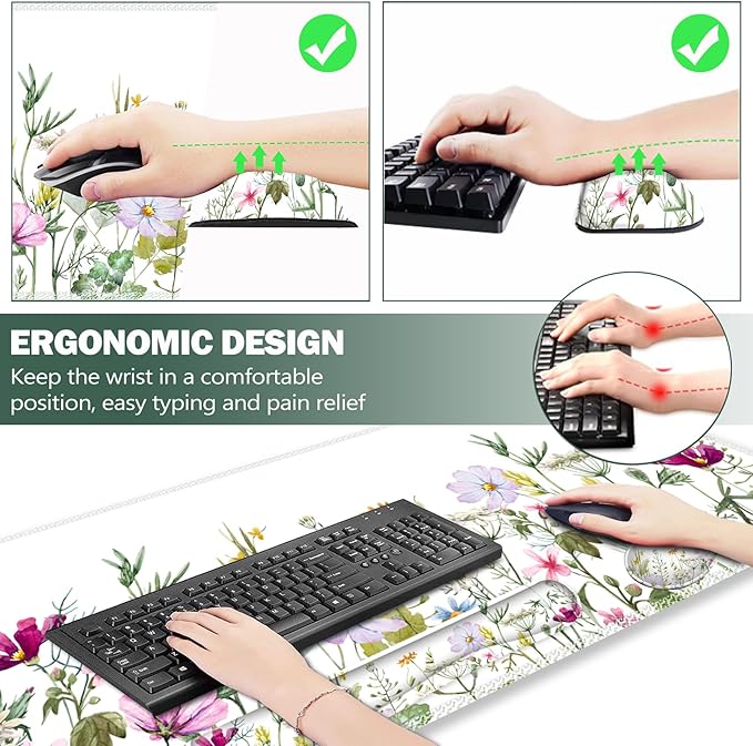 ARTSO Gaming Mouse Pad Wrist Support Set XXL Large Desk Mat Mousepad + Keyboard Wrist Support+ Mouse Wrist Rest+Coaster 4in1 Ergonomic Memory Foam for Home Office -White Flowers Plants