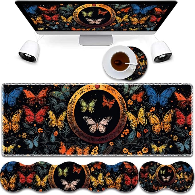 Mouse Pad Combo Large Gaming Mouse Pad + Keyboard Wrist Support + Mouse Wrist Rest + Coaster Table Pad 31.5 x 11.8 with Memory Foam Ergonomic Wrist Pad Set Colorful Butterfly Moon Pattern
