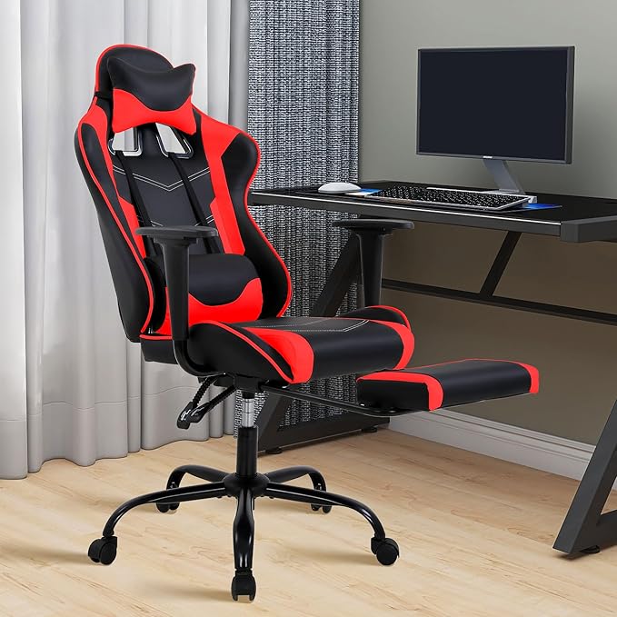 Gaming Chair High Back PU Leather Gaming Chairs Computer Chair with Headrest &amp Lumbar Support Height Adjustable Wide Seat Gamer Chair Gaming Chairs for Adults Game Chair with Footrest &amp Arm