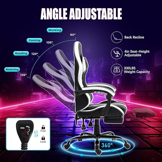 Massage Gaming Chair with Footrest Ergonomic PU Leather Computer Chair w/Headrest and Lumbar Height Adjustable 360° Swivel Desk Office Chair White