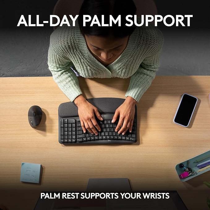 Logitech Wave Keys Wireless Ergonomic Keyboard with Cushioned Palm Rest Comfortable Natural Typing Easy-Switch Bluetooth Logi Bolt Receiver for Multi-OS Windows/Mac - Graphite