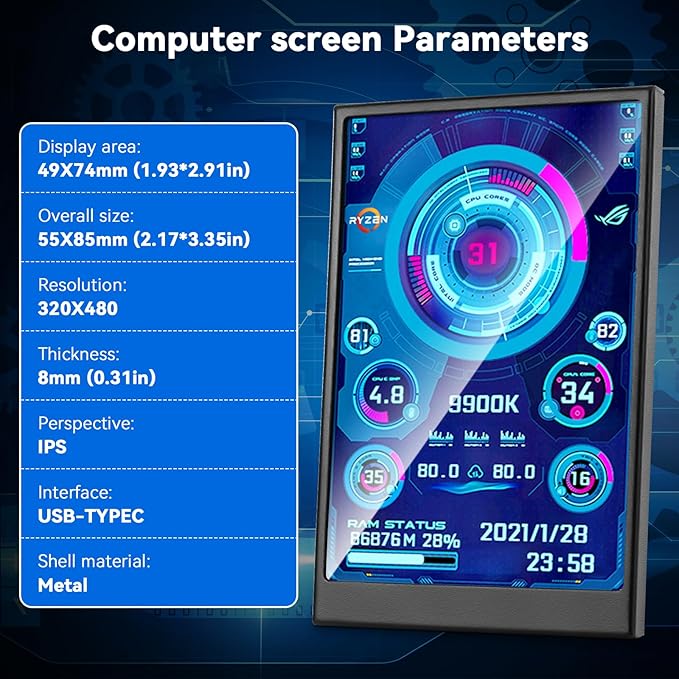 3.5 Inch IPS USB Mini Screen No Installation AIDA64 Pc Case Screen Computer Temp Monitor PC Temperature Display with Stand USB Cable Manual