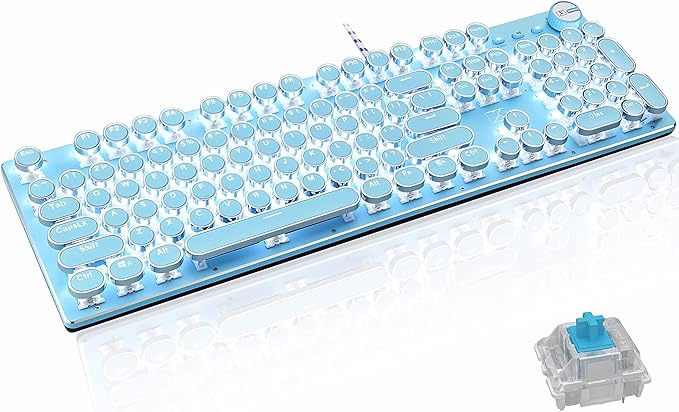 Basaltech Blue Mechanical Gaming Keyboard Retro Steampunk Vintage Typewriter-Style Keyboard with LED Backlit 104-Key Anti-Ghosting Blue Switch Wired USB Metal Panel Round Keycaps (Blue-SK)