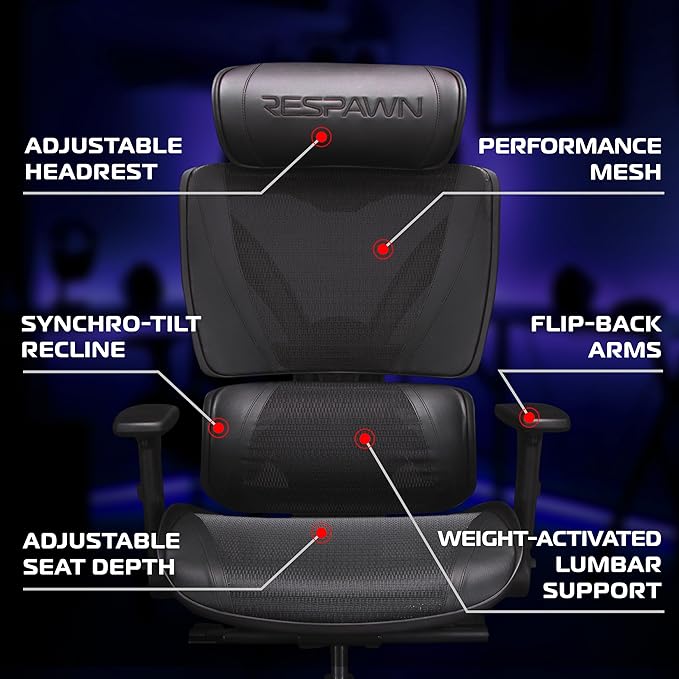 Respawn Specter Ergonomic Office Chair with Lumbar Support Headrest Adjustable Arms - Comfy Breathable Mesh Computer Desk Seat for Home Office High Back Reclining Gaming Chairs for Adults - Black
