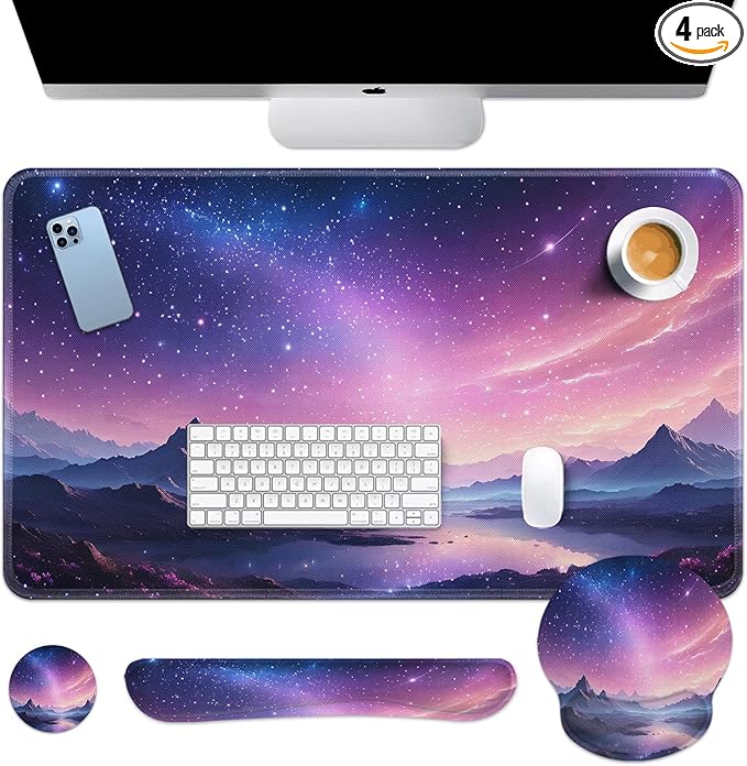 Arttown Dreamy Galaxy Desk Mat Mountains Nebula Mouse Pad Set 4 in 1 Night Sky Ergonomic Design Large Desk Pad + Keyboard Wrist Rest + Mouse Wrist Rest + Coaster Suitable for Home Office Study Game