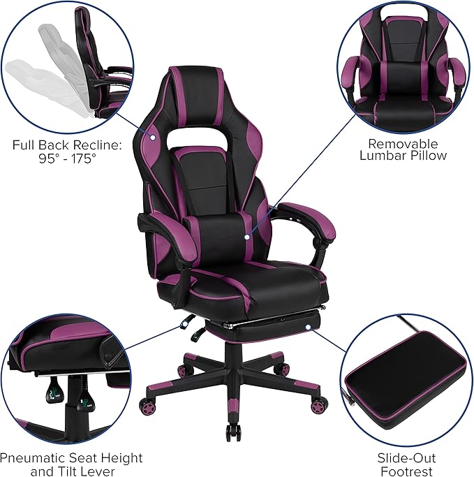 EMMA + OLIVER Black/Purple Ergonomic Gaming Chair -Recline Back/Arms Footrest Massaging Lumbar