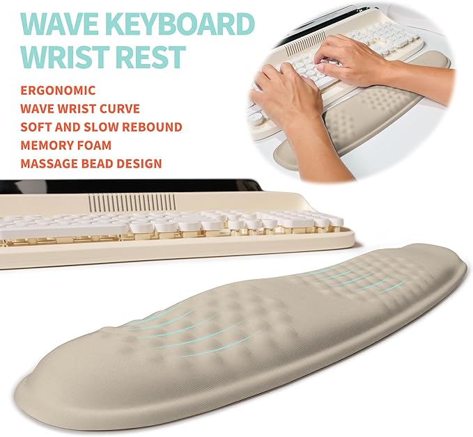 2-in-1 Ergonomic Set Wave Rise Keyboard Wrist Rest and Massage Bulge Slope Mouse Pad Wrist Support Cushion Memory Foam Integrated to Relieve Wrist Pain Apricot