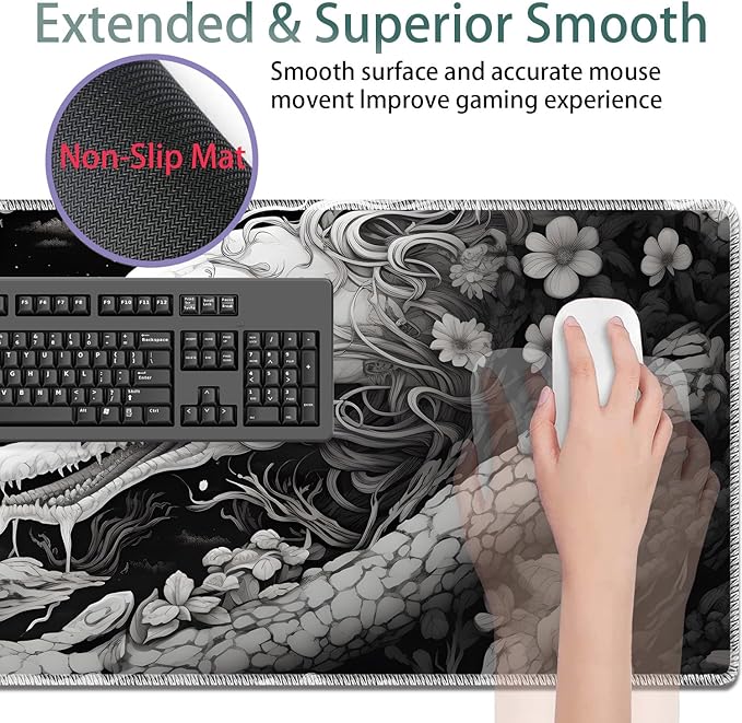 Large Gaming Mouse Pad + Keyboard Wrist Rest + Wrist Support + Coaster Set Memory Foam Ergonomic for Easy Typing XXL Extended Gaming Mouse Pad Table Pad - Black Snake