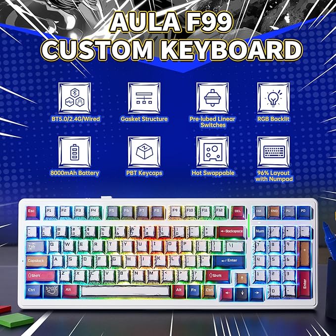 Aula F99 Mechanical Gaming Keyboard Wireless Creamy Keyboard Hot Swappable Custom Bluetooth Computer Keyboards Tri-Mode BT5.0/2.4GHz/USB-C Pre-lubed Linear Switches RGB Backlit Gasket Structure