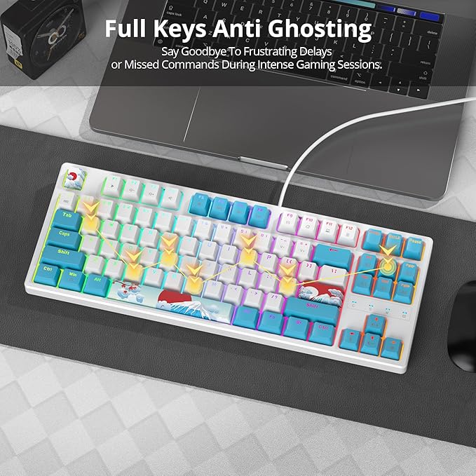 75% Mechanical Gaming Keyboard with Red Switch RGB LED Backlit Keyboard White and Blue 87 Keys Compact TKL Wired Computer Keyboard for Windows Laptop PC Gamer (87 Sea)