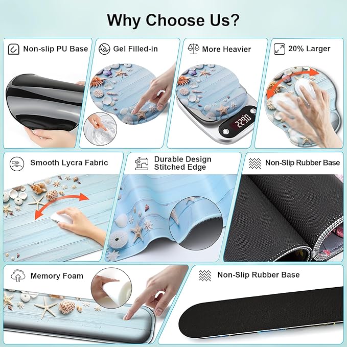 Mouse Pad + Desk Mat + Keyboard Wrist Rest + Coaster 4 in 1 Set Cute Ergonomic Large Gaming Mousepad with Wrist Rest Support Desk Pad for Computer Laptop Office Home Decor-Seashells
