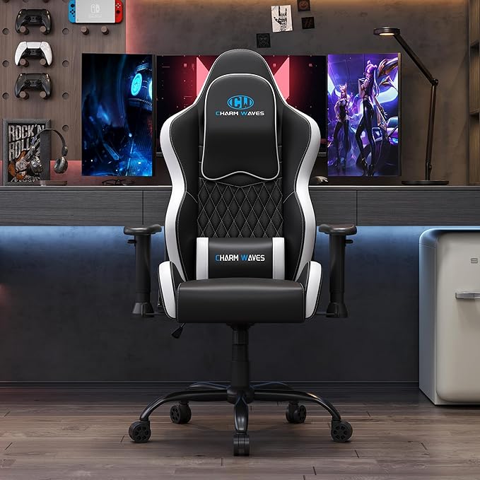 Gaming Chair Ergonomic Office Recliner with Diamond Stitching Gray Fabric 90-145° Adjustable Backrest Modern Style 300 lbs Capacity Living Room Computer Chair