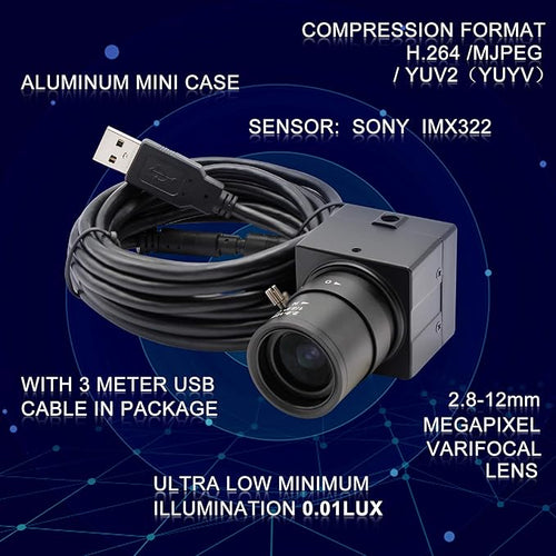 1080P USB Webcam 2MP HD Web Camera Low Illumination 0.01Lux USB2.0 Camera H.264 High Definition IMX322 Webcam with 2.8-12mm Varifocal Lens