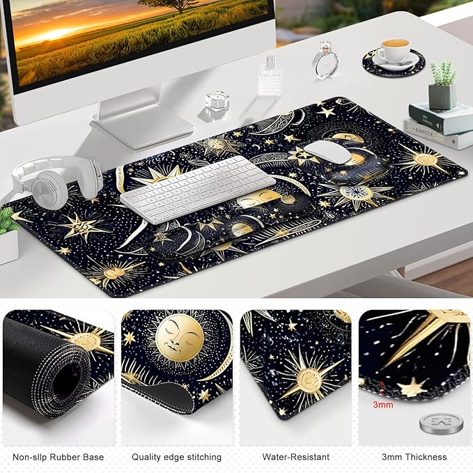 Gaming Mouse Pad Large Desk Mat Cute Desk Pad Protector 4in1 XXL Mousepad + Keyboard Wrist Rest+Mouse Wrist Rest+Coaster Set with Ergonomic Desk Pad for Home Office PC Computer Stars and Moon