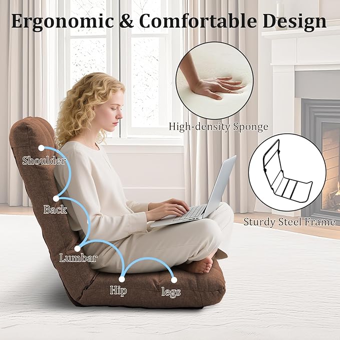 Folding Floor Gaming Chair with Back Support 14-Position Adjustable Recliner - Padded Cushion with Breathable Linen &amp Cotton Blend for Adults &amp Kids Perfect for Gaming Reading &amp Meditat