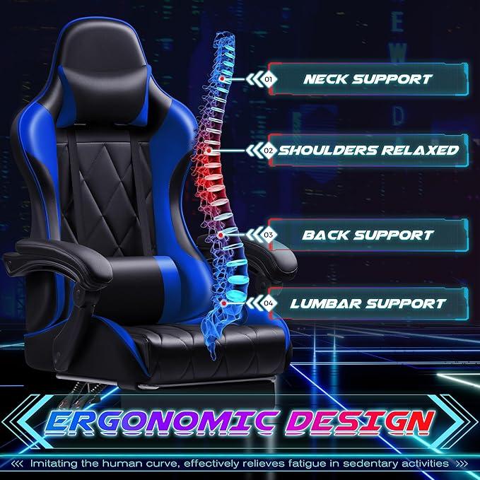 Shahoo Gaming Chair with Footrest and Massage Lumbar Support Computer Game Chairs Ergonomic Office Seat Height Adjustable with Headrest Blue
