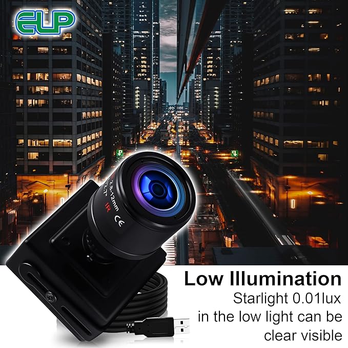 ELP Sony IMX323 Sensor Low Light Mini USB Camera with Microphone Manual Zoom 2.8-12mm Lens H.264 0.01LUX UVC USB2.0 Video Webcam Home Surveillance PC Camera for Laptop Computer Raspberry Pi