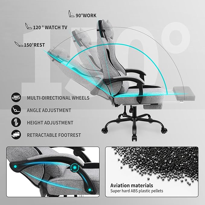 Gaming Chair Fabric with Pocket Spring CushionErgonomic Computer Office Chair Cloth with Footrest and HeadrestHigh Back Game Chair with Lumbar SupportAdjustable Backrest for AdultsGray