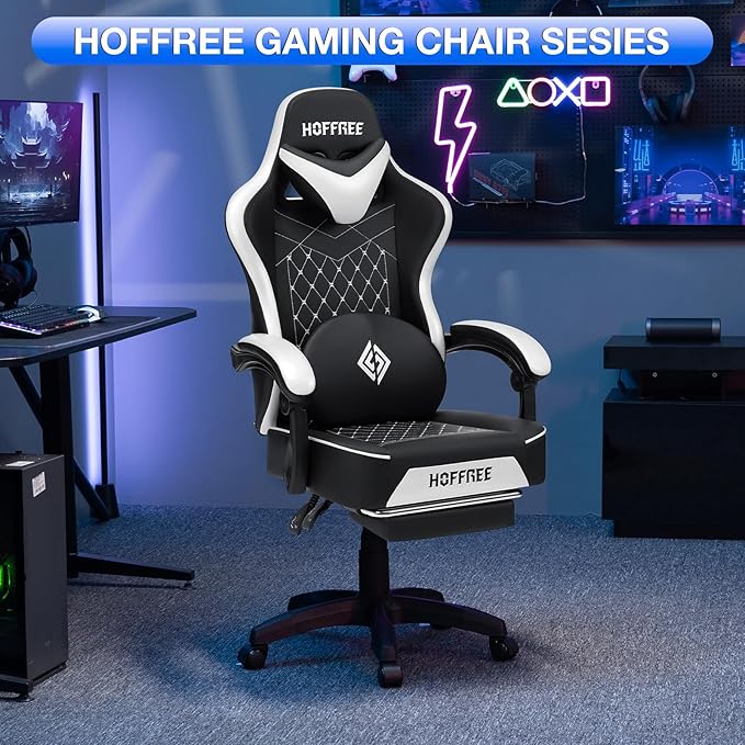 HOFFREE Gaming Chair Computer Chair with Speakers Massage Game Chairs with Footrest Bluetooth High Back Ergonomic Computer Gaming Chairs for Adults Reclining Video Gamer Chair White and Black