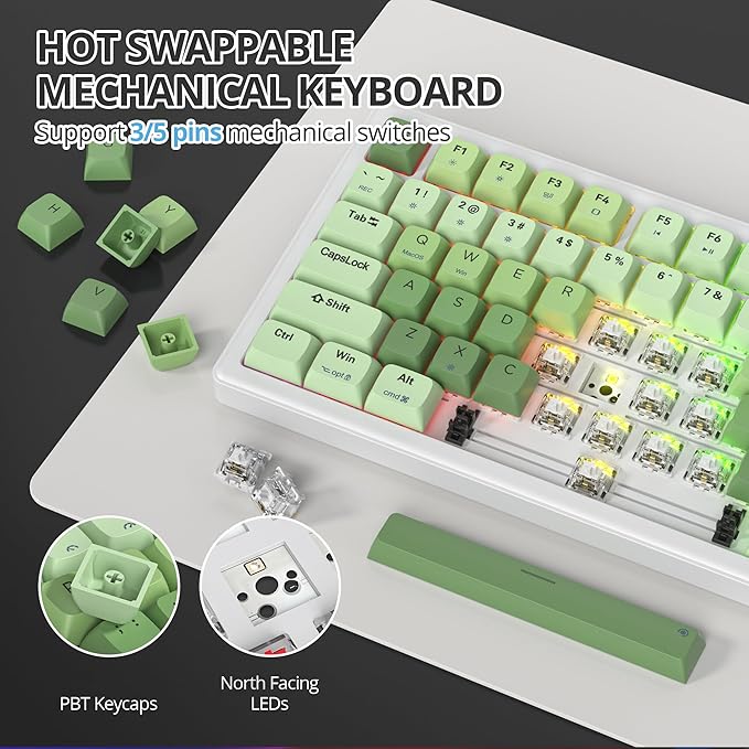 75% Creamy Mechanical Keyboard Green Hot Swap RGB Gaming Key Board with Knob Gasket Mount Wired TKL Keyboard 75 Percent Pre-lubed White Switch Creamy Sounding Keyboards (82 Matcha)