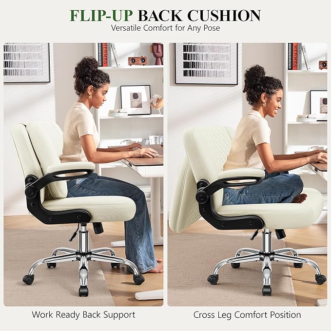 Criss Cross Office Chair with 2-in-1 Flip Backrest – Ergonomic PU Leather Floor Sitting Chair Adjustable Height 360° Swivel &amp Flip-Up Arms Extra-Wide Seat for Home Office Vanity Nail Salon-Wh
