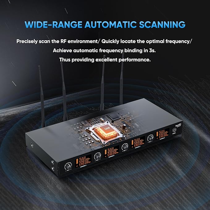 Wireless Microphone System 4 Channels UHF Metal Cordless Handheld Wireless Mics Set - Adjustable Frequencies Auto Scan 165ft Range for Karaoke Singing Meeting Church Wedding (BLM404)