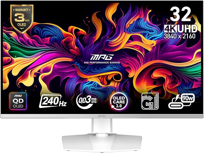 msi MPG 321URXW QD-OLED 32-inch 3840 x 2160 (UHD) Computer Monitor 240Hz Adaptive-Sync HDMI DP Port VESA Mountable Tilt Speaker 0.03ms White
