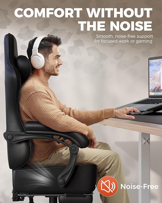 GTPLAYER Big and Tall Gaming Chair with Footrest Ergonomic Office Desk Chair with 4.4in Thick Cushion and Wide Wingless Seat Comfortable Leather Computer Chair Predator Series Satin Black