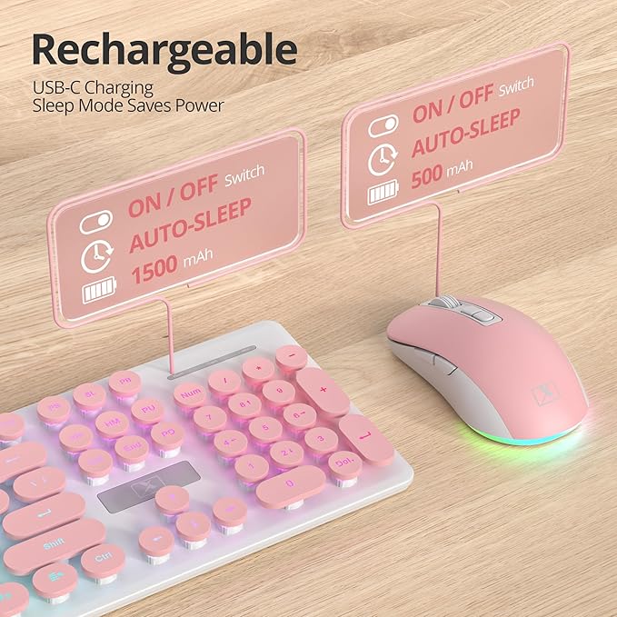 Backlit Pink Keyboard and Mouse Wireless 2.4GHz Light Up Typewriter Rechargeable Quiet Keyboard Cordless with USB Receiver for PC/Laptop(Pink)