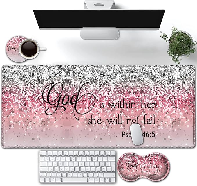 Large Gaming Mouse Pad Extended Waterproof Desk Pad Protector (31.5 x 11.8) Ergonomics Memory Foam Mouse Wrist Rest Support for Home Office Laptop Easy Typing Psalm 46:5 Pink Glitter Mouse Mat