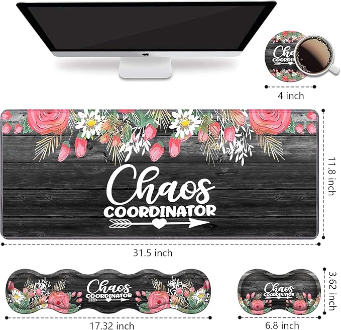 Ergonomic Keyboard Wrist Rest &amp Mouse Pad Wrist Rest SetLarge XXL Gaming Desk Mat 31.5x 11.8Non-Slip BaseMemory FoamEasy Typing Pain Relief Chaos Coordinator Quotes Colored Floral Wreath Pr