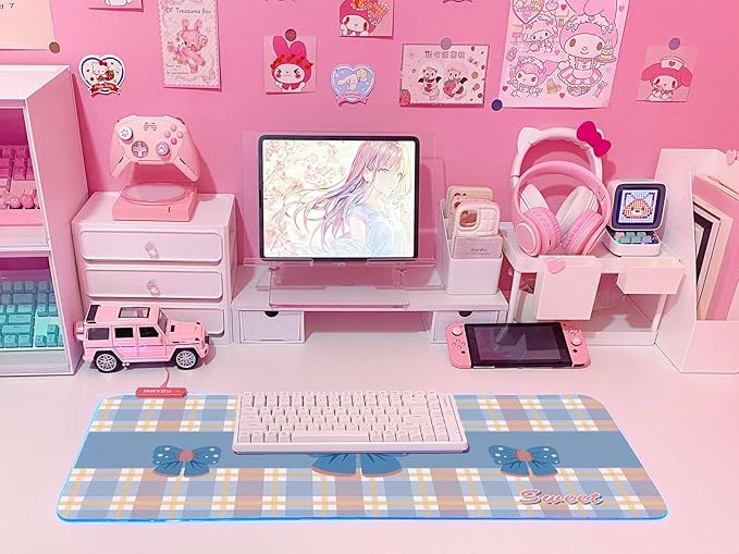 JMIYAV Pink Bow RGB Gaming Mouse Pad 31.5x12In PC XL Large Extended Glowing Led Light Up Desk Pad Non-Slip Rubber Base Computer Cute Mousepad Mat Desk Accessories Gaming Setup 49-9894