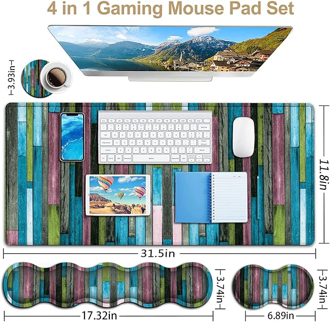 Gaming Mouse Pad Ergonomic Memory Foam Keyboard Wrist Rest Support &amp Non-Slip Mouse Wrist Rest for Laptop Desk Writing Pad Aqua Green Wooden Print Office Desk Mat Extended Large Mouse Pad