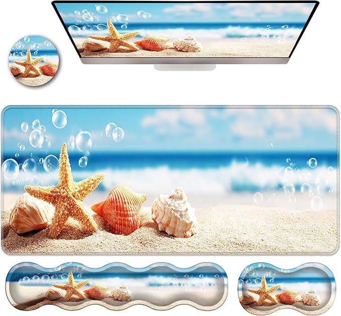 Ergonomic Keyboard Wrist Rest &amp Mouse Pad Wrist Rest SetXL Gaming Desk Mat 31.5x 11.8Non-Slip BaseMemory FoamEasy Typing Pain Relief for Office &amp HomeSeashells Starfish on Beach